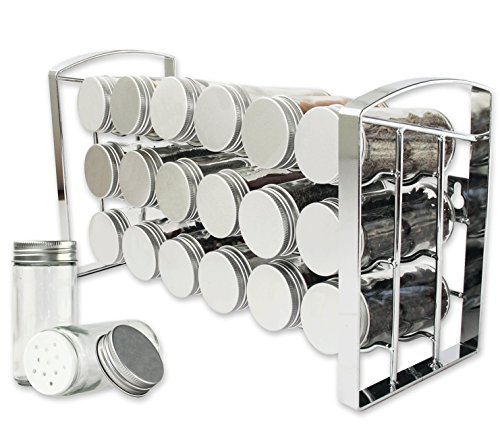 LEANDER DESIGN Gewürzregal für Küchenschrank und Arbeitsfläche, 18 Gewürzgläser, Küchen-Organizer auf 3 Ebenen – Silber