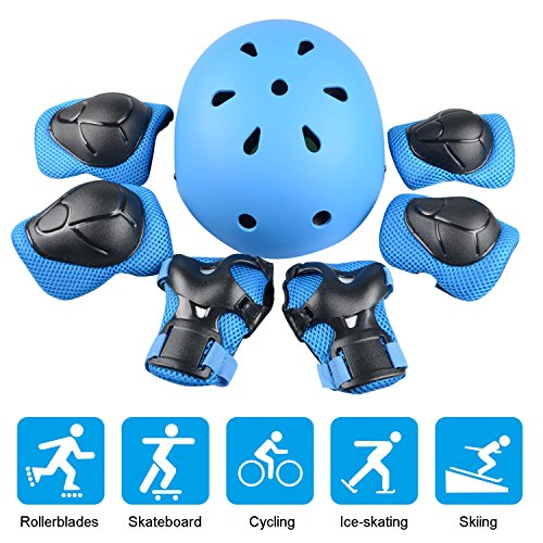 Kinder Sport-Schutzausrüstung, 7PCS Knieschoner Ellenbogenschoner Handgelenkschutz Helm Schutzset zum Draussen Rollschuhlaufen Inline Skates Skateboarding Radfahren Von JIM'S STORE (Blau)
