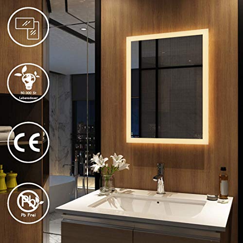 EMKE Badspiegel mit Beleuchtung 50x70 cm, Spiegel mit Beleuchtung Warmweiß, Badezimmerspiegel Wandspiegel LED Badspiegel Lichtspiegel Modell 3