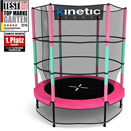 Kinetic Sports Trampolin Kinder Indoortrampolin Jumper 140 cm Randabdeckung Stangen gepolstert, Gummiseil-Federung Sicherheitsnetz Pink