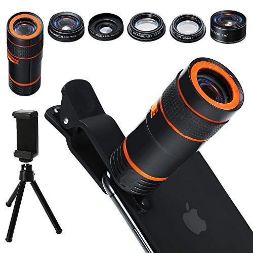 Distianert Handy Kamera Lens Kit, 6 in 1 Universal 12x Zoom Teleobjektiv+0,62x Weitwinkel&20x Makro+235 ° Fisheye+Starburst Objektiv+CPL+Stativ für iPhone X/8/7/6/6S Plus Samsung Android und Telefon