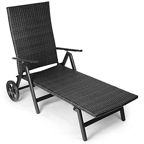Vanage Sonnenliege mit Polyrattan Optik in schwarz - Gartenliege mit 2 Rädern - Liegestuhl ist klappbar - Gartenmöbel - Strandliege aus Aluminium - Relaxliege für Den Garten, Terrasse und Balkon