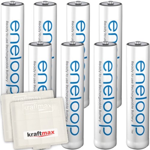 Kraftmax 8er-Pack Panasonic Eneloop AAA / Micro Akkus - Neueste Generation - Hochleistungs Akku Batterien in Kraftmax Akkuboxen V5, 8er Pack