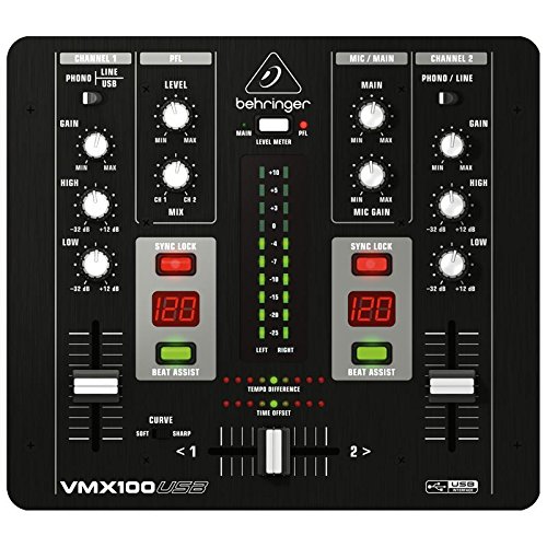 Behringer Pro Mixer VMX100USB  2-Kanal DJ Mixer mit integriertem USB/Audio Interface, BPM Counter und VCA Crossfader