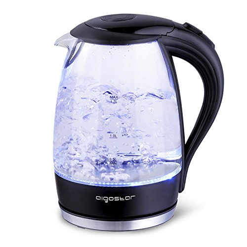 Aigostar Eve 30GON - Glas Wasserkocher mit LED-Beleuchtung, 2200 Watt, 1,7 Liter, kochtrocknender Schutz, BPA frei, weiß. EINWEGVERPACKUNG.