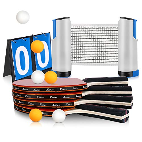 Xddias Sport Tischtennis Set, 4 Tischtennisschläger/Schläger + Ausziehbare Tischtennisnetz + Score Karte +6 Bälle, Schläger Set für Anfänger, Familien und Profis