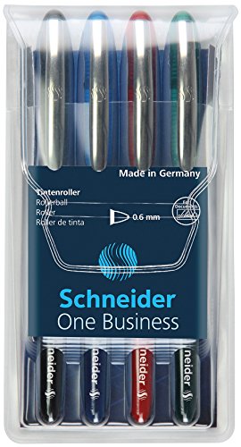 Schneider One Business Tintenroller (Dokumentenecht mit 0,6 mm Strichstärke und Ultra-Smooth-Spitze, Made in Germany) 4er Pack, schwarz, blau, rot, grün