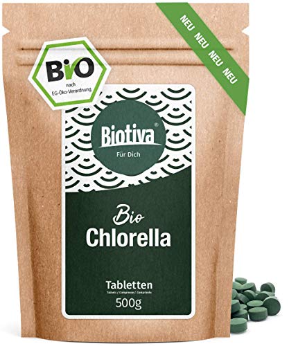 Bio Chlorella Tabletten - 500mg hochdosiert - 500g - 1000 Presslinge - 100% Rein - Vegane Chlorella Algen Presslinge - OHNE Magnesiumstearat - Abgefüllt und kontrolliert in Deutschland (DE-ÖKO-005)
