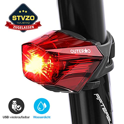 OUTERDO Fahrrad Rücklicht,StVZO Zugelassen Fahrradrücklicht Hohe Qualität Ultra Hell Fahrrad Licht, Fahrradlampe Aufladbar,Fahrradbeleuchtung LED USB Wiederaufladbare Wasserdicht für MTB Rennrad usw