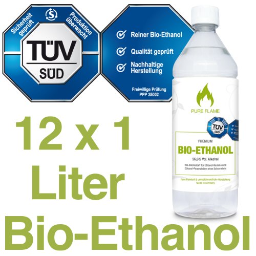 12 x 1L Bioethanol 96,6% - 12 Liter in 1L Flaschen zum handlichen & sicheren Gebrauch - TÜV geprüfte Reinheit, Qualität, Sicherheit & nachhaltige Herstellung - Made in Germany - AKTIONSPREIS !!!