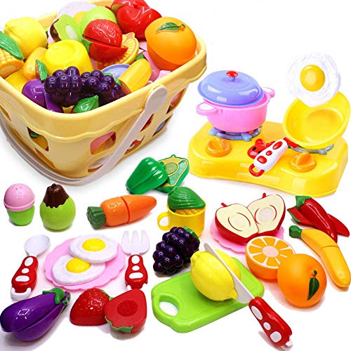 Airlab Küchenspielzeug für Kinder 32 Stück Geschirr Schneiden Obst Gemüse Lebensmittel, Küche Spielzeug Rollenspiel Lernspielzeug Geschenk