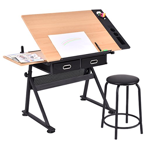 COSTWAY Zeichentisch Schreibtisch Architektentisch Arbeitstisch Tisch Bürotisch mit Schubladen + Hocker höhenverstellbar neigbar