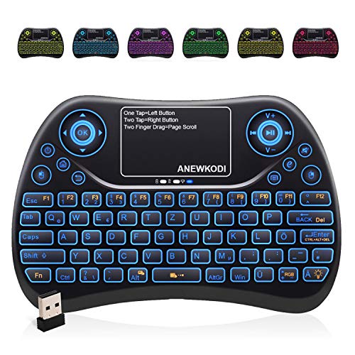 Mini Tastatur Wireless mit Touchpad , Smart TV Tastatur Fernbedienung, 2.4 GHz Wireless Backlit QWERTZ Mini Tastatur Beleuchtet für HTPC,IPTV,Android TV-Box,XBOX360,PS3,PC(2019 Aktualisierte Version)