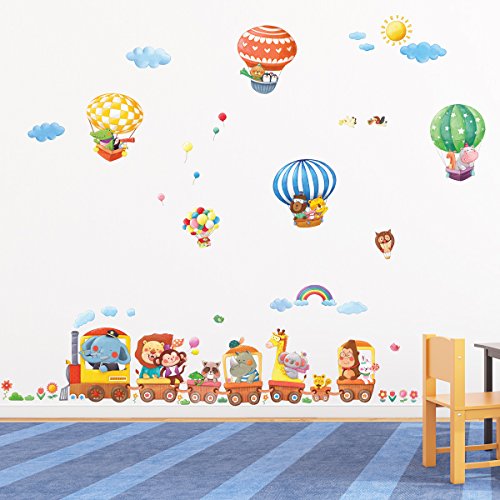 Decowall DA-1406 Zug Heißluftballons Autos Flugzeuge Tiere Wandtattoo Wandsticker Wandaufkleber Wanddeko für Wohnzimmer Schlafzimmer Kinderzimmer