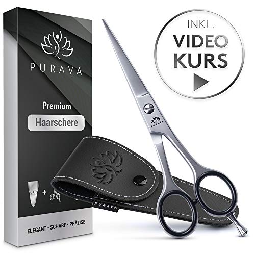 EINFÜHRUNGSANGEBOT - PURAVA Premium Haarschere - Extra scharfe Friseurschere inkl. edlem Etui - scharf & präzise - Idealer Haarschnitt für Damen und Herren - INKL. Videokurs