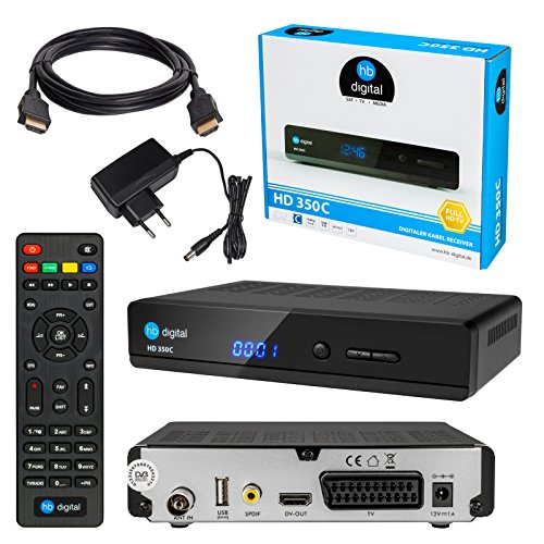Kabel Receiver DVB-C SET: HB DIGITAL HD 350C DVB-C Receiver für Kabelfernsehen + HDMI Kabel mit Ethernet Funktion und vergoldeten Anschlüssen (Full HD Ready, HDTV, HDMI, SCART, USB 2.0, SPDIF Koaxial Ausgang, 230V/12V Camping Receiver)