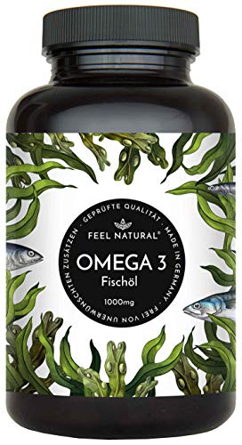 Omega 3 Fischöl Kapseln. Mit 1000mg pro Kapsel. 365 Softgel Kapseln im Jahresvorrat. Mit den Omega 3 Fettsäuren EPA und DHA. Ohne unerwünschte Zusätze. Hergestellt in Deutschland