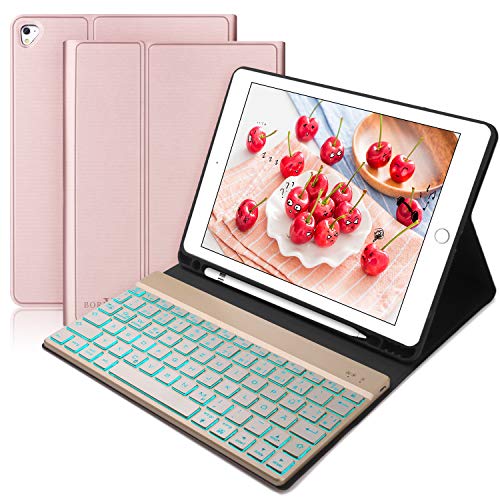 BORIYUAN Tastatur Hülle für iPad 2018 (6 Gen.)- iPad 2017 (5 Gen.) - iPad Air 2/1 - iPad Pro 9.7 - Automatischer Schlaf/Aufwachen Hülle mit Hinterleuchtet Bluetooth Tastatur (German Layout), Rosegold