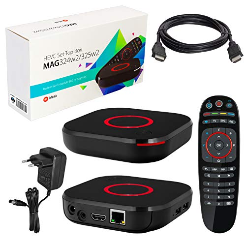 MAG 324w2 original Infomir & HB-DIGITAL IPTV Set TOP Box Multimedia Player Internet TV IP Receiver (HEVC H.256 Support) mit WLAN WiFi integriert 150Mbps (802.11 b/g/n) + HB Digital HDMI Kabel