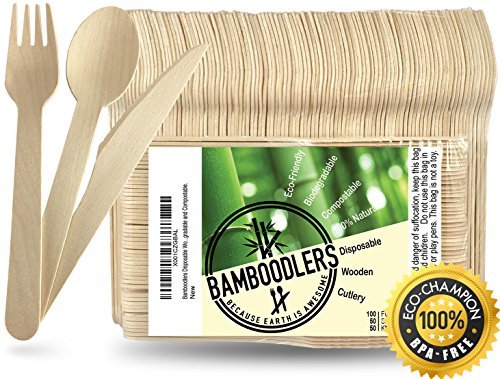 Bamboodlers Einwegbesteck Set aus Holz | 100% Natürlich, Umweltfreundlich, Biologisch abbaubar und Kompostierbar -Der Umwelt zuliebe! – 200er Pack, 16,5cm Besteck (100 Gabeln, 50 Löffel, 50 Messer)