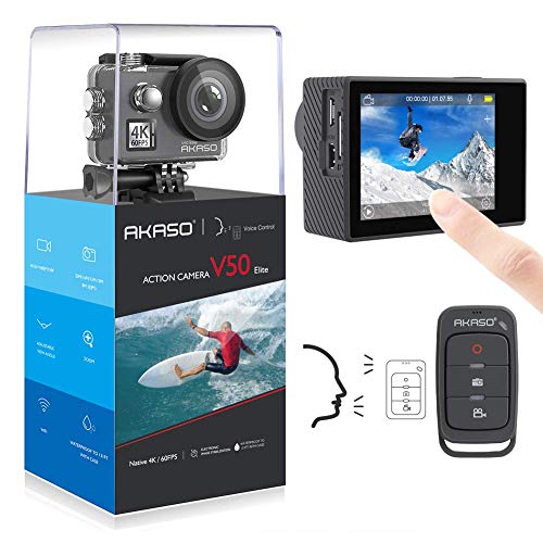 AKASO Action cam 4K/60fps /Action Kamera 20MP WiFi mit Touchscreen EIS 40M unterwasserkamera V50 Elite mit 8X Zoom Sprachsteuerung Fernbedienung Zubehör Kit Sportkamera