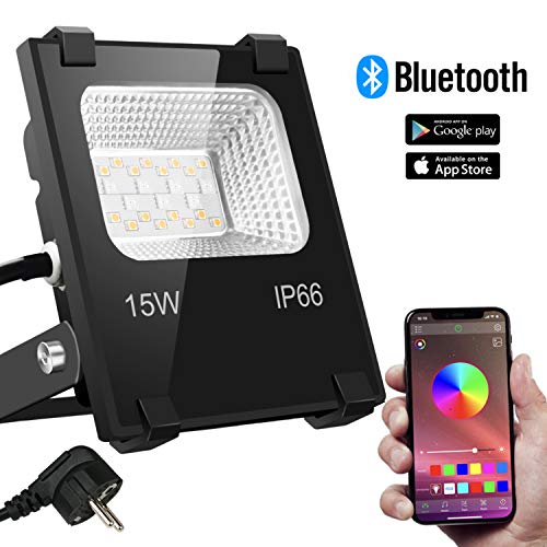 RGB 15W LED Strahler Bluetooth 16 Farben und 4 Modi Objektbeleuchtung LED Fluter Flutlichtstrahler, IP66 Wasserdicht LED Flutlicht, Außenstrahler Garten Stimmungslichter