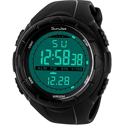 SunJas 5ATM Wasserdicht Sport Armbanduhr Fashion Men LCD Digital Stoppuhr Chronograph Datum Alarm Gummi-Sport-Armbanduhr ( Schwarz)