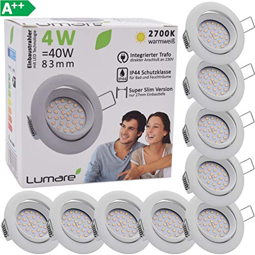 Lumare LED Einbauspot Extra Flach 4W 230V IP44 9er Set (Leuchtmittel austauschbar) 400lm schwenkbar warmweiss für Feuchtraum und Wohnraum Mini Einbaustrahler Deckenspot weiss rund