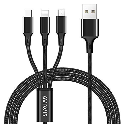 AVIWIS Multi USB Ladekabel, 3 in 1 Mehrfach Universal Kabel Micro IP Typ C Nylon Ladegerät Kabel für Android Samsung Galaxy S9 S8 S7 S6 S5 A3 A5, Huawei, Xiaomi, Kindle und mehr - 1,2m
