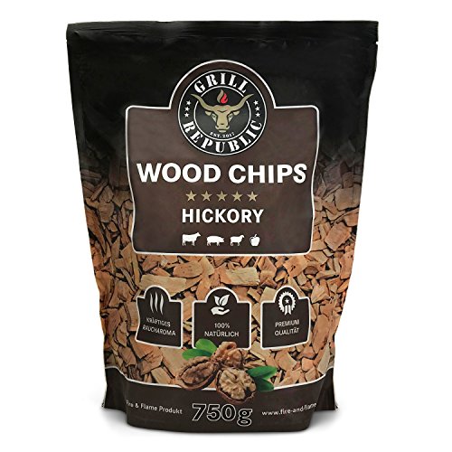 Premium Hickory Räucherchips für optimales Raucharoma beim Grillen | 100% Natürliches Smoker-Holz geeignet für Kugel-, Stand- und Gas-Grill | Extra große 750 g Packung
