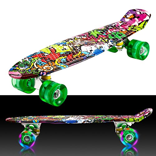 55cm/22 Mini Cruiser Board Retro Skateboard Komplettboard mit LED Leuchtrollen für Jugendliche Kinder und Erwachsene (Farbe 32)