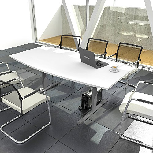 EASY Konferenztisch Bootsform 180x100 cm Weiß Besprechungstisch Tisch, Gestellfarbe:Silber