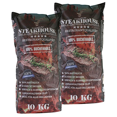 STEAKHOUSE Premium Grillkohle 2x10kg aus 100% Buchenholz BBQ-Holzkohle in Restaurantqualität