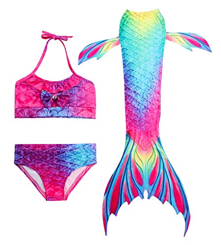 HiFunBay mädchen Meerjungfrau Schwanz Kinder Schwimmen Kostüm Enthalten 3 STÜCKE Bikini Badeanzug (DH02,130)