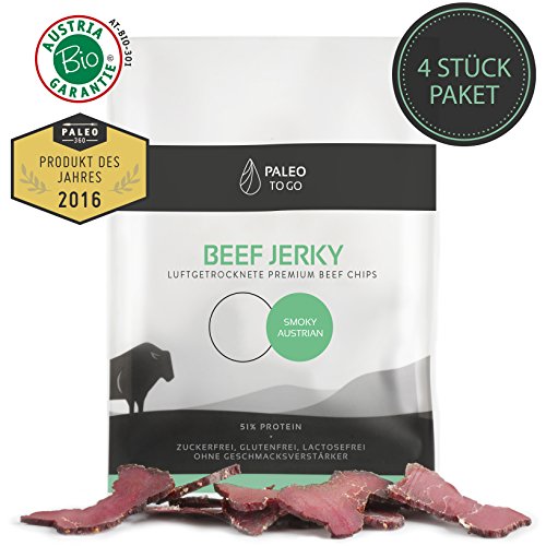 Bio Beef Jerky - PALEO To Go - Protein - LOW-CARB - Eiweiss - 100% Allgäuer Weiderind (4 x 30g) - ähnlich BILTONG - Trockenfleisch vom Bodensee