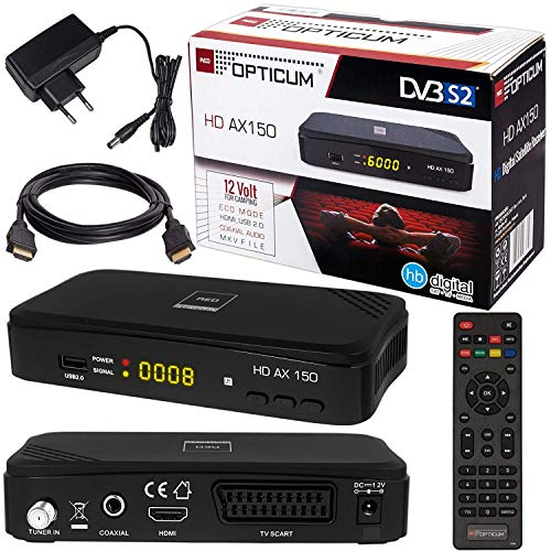 SATELLITEN SAT Receiver  HB DIGITAL Set: Hochwertiger DVB-S/S2 Receiver mit PVR Funktion Aufnahmefähig + HDMI Kabel vergoldet (HD Ready HDTV HDMI SCART USB Koaxial Ausgang Opticum AX150 )