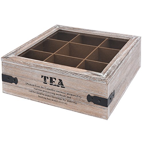 Teekiste Holz Teebox 9 Fächern Glasdeckel Tee Kiste Teekasten Teebehälter