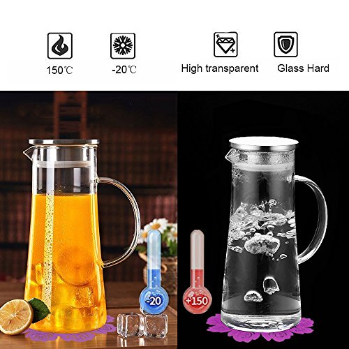 Wasserkaraffe ,BOQO1.5L Glaskaraffe, Wasserkrug mit Blütenblatt Edelstahldeckel Karaffe (Glaskanne)