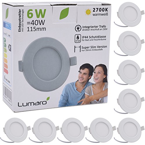 Lumaro Slim Line Einbauspot IP44 für Bad und Feuchträume in weiß mit nur 26mm Einbautiefe! Deckenspot mit integriertem 6W 450lm LED Leuchtmittel warmweiß (9 Stk.)