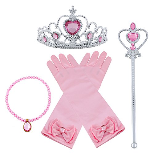 Vicloon neue Prinzessin Kostüme Set 4 Stück Geschenk aus Diadem, Handschuhe, Zauberstab, Halskette2-9 Jahre (Pulver)
