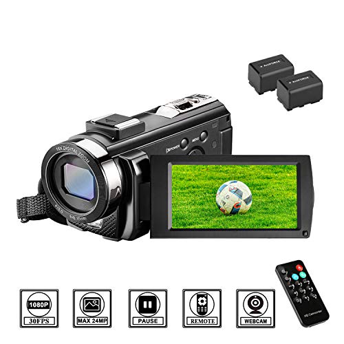 Camcorder Videokamera HD 1080P 24MP Video Camcorder, 16X Digitalzoom Kamera, 3,0 Zoll LCD Bildschirm, vlogging Kamera, Digitalkamera mit Fernbedienung, 2 Batterien (201)