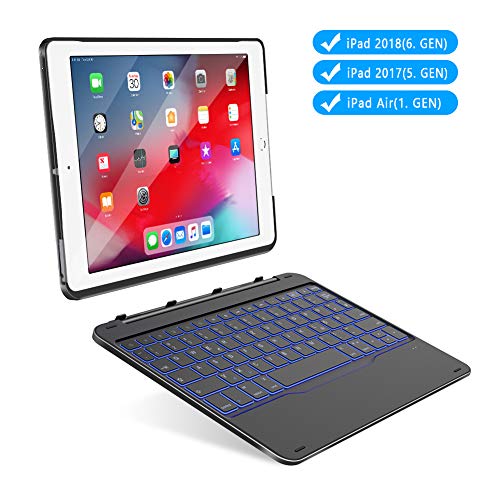 Yoozon 9,7' iPad Bluetooth Tastatur Hülle für 9.7' iPad 2017(5. Gen)/2018(6. Gen), iPad Air 1, mit 7 Hintergrundbeleuchtungen, abnehmbare Schutzhülle, deutsches QWERTZ Layout Keyboard(Schwarz)