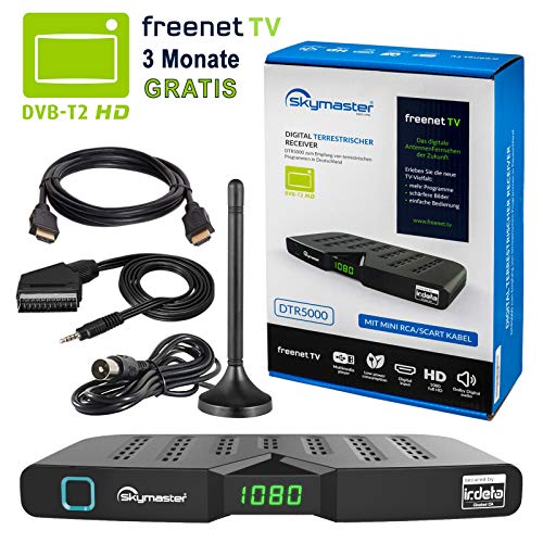 HB DIGITAL DVB-T/T2 Set: Skymaster DTR5000 DVB-T/T2 Receiver, kartenloses freenet TV Irdeto-Zugangssystem + Mini Stabantenne, passiv, mit Magnetfuß (Full HD, HEVC/H.265, HDTV, HDMI, USB DVBT2 DVB-T2)