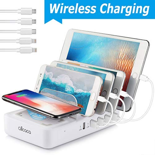 allcaca Wireless Charger Multi Ladestation 5 USB Ports Induktives Ladegerät Qi Ladestation Mehrere Geräte, 5 Kabel Inklusive Weiß