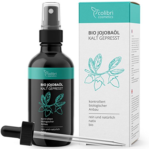 Bio Jojobaöl 120ml - 100% reines Jojoba Öl nativ und kaltgepresst, in Lichtschutz Glasflasche, für glatte Haare, weiche Haut und starke Nägel - colibri cosmetics / Naturkosmetik made in Germany
