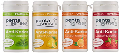 Penta-Sense Anti-Karies Lutschpastillen - vierteiliges Probierset mit Xylit, Pfefferminze/Zitrone/Himbeere/Orange, je 30 Pastillen
