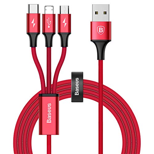 Baseus Multi USB Kabel Universal USB Ladekabel 3 in 1 Mehrfach 3A 1.2m für Smartphone (Rot) …