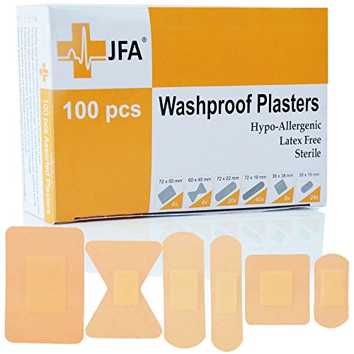 JFA Wasserfeste Pflaster, 6 verschiedene Größen, 100 Pflaster pro Packung