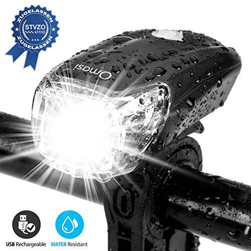 Omasi Fahrradbeleuchtung LED StVZO Zugelassen Fahrradlicht Fahrradlampe USB Wiederaufladbar Fahrrad Frontlicht Wasserdicht Fahrradleuchte 1200mAh Akku MTB Rennrad Schwarz