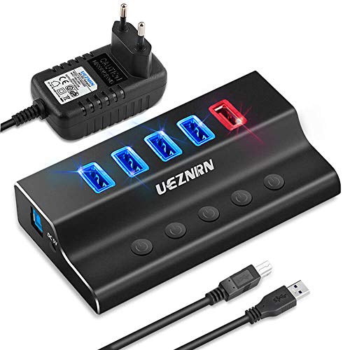 Ueznirn USB Hub Aktiv USB 3.0 Hub mit Netzteil Aluminium 4 Port USB Verteiler + 1 Intelligenter Ladeanschluss mit 5V/3A Power Adapter